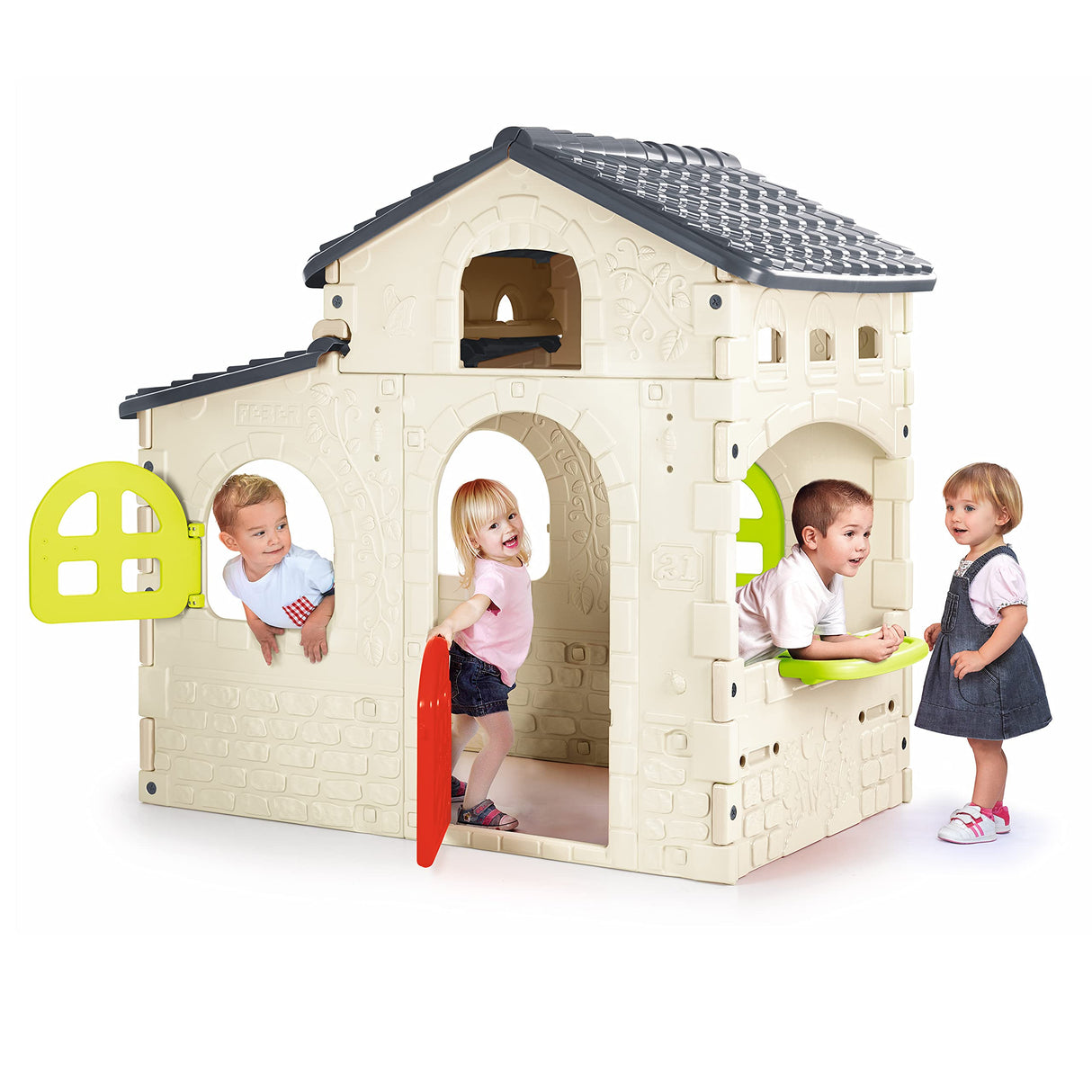 FEBER - Candy House, Casita Infantil para el Jardín, Colores Luminosos y Resistentes a la Luz Solar y Temperaturas, Fácil Montaje, Amplio Espacio con Buzón, Ventanas y Bandeja, Famosa (800012221)