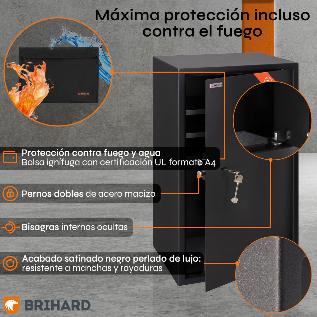 Brihard Business XXL Caja Fuerte con Llave Grande de 73x40x36cm con Bolsa A4 Ignífuga, para la Oficina 102L, con 3 Estantes Ajustables en Altura, para Documentos, Dinero y Joyas
