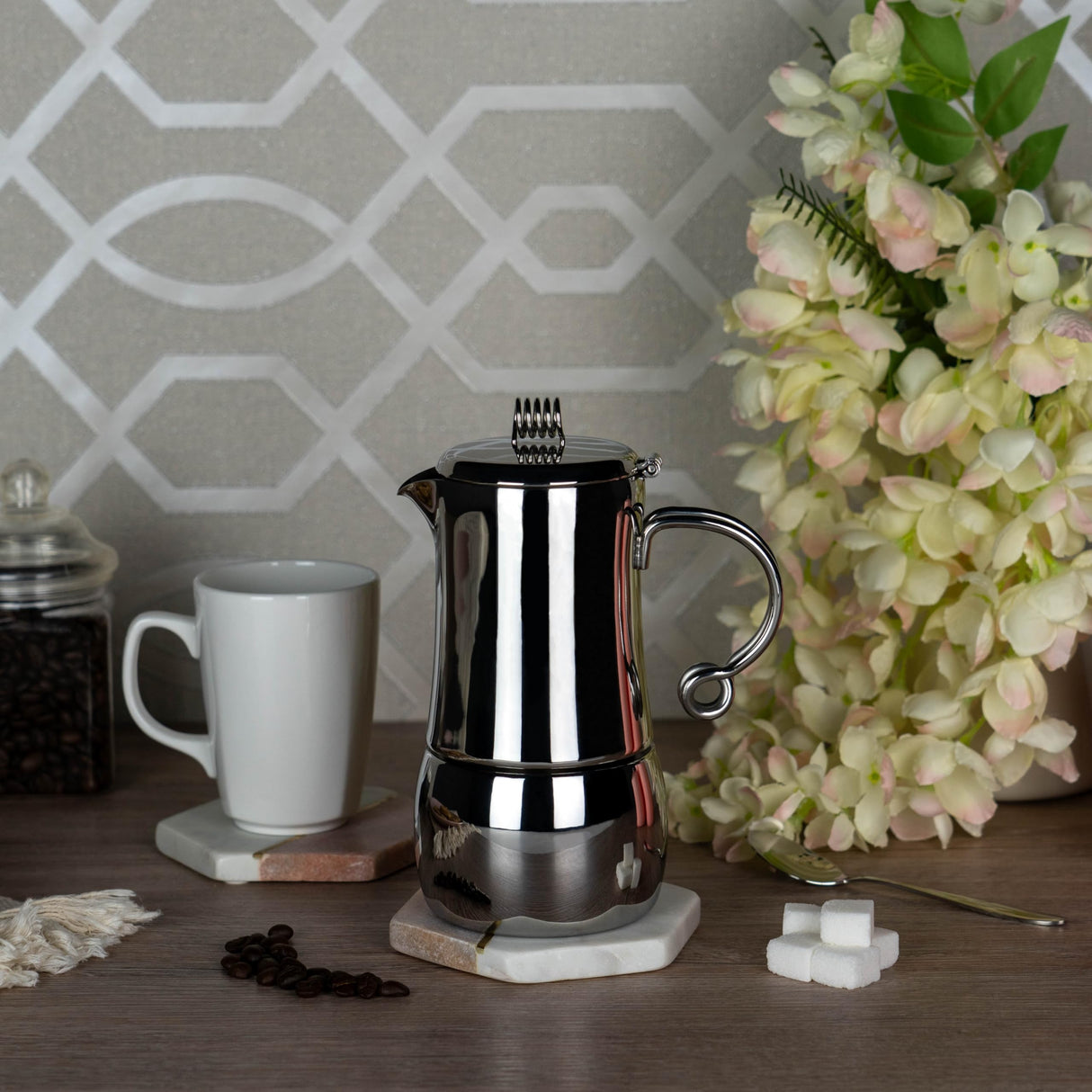 Café Stål MEC-06M Elements Espresso Cafetera de acero inoxidable 18/10 – Pulido brillante con tapa abatible, adecuado para 6 tazas de mokkatassen acero