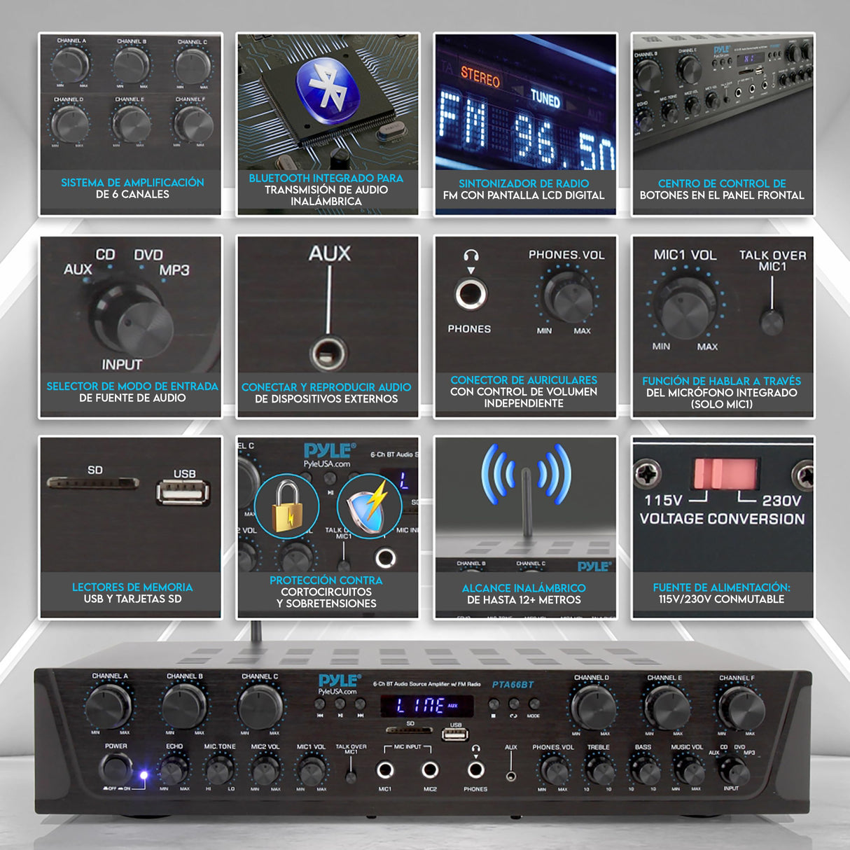 Pyle amplificador de sonido, Para el hogar, 600W, Bluetooth, Inalambrico, Estereo, 6 canales, Digital LCD, Conector para auriculares, Entrada de microfono de ¼", USB, SD, AUX, RCA, Radio FM