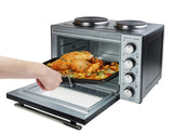Bestron Pequeña Cocina, Mini Horno con Doble Placa de Cocción, Calor Superior/Inferior con Función de Aire Circulante hasta 230°C, 3200 Vatios, Negro