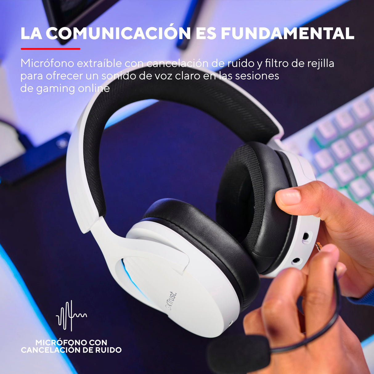 Trust Gaming GXT 491W Fayzo Cascos Gaming Inalámbricos Bluetooth + 2.4 GHz, 7.1 Sonido Envolvente, Batería de 22 Horas, Auriculares Inalámbricos RGB Over-Ear PC PS5 PS4 Switch - Blanco