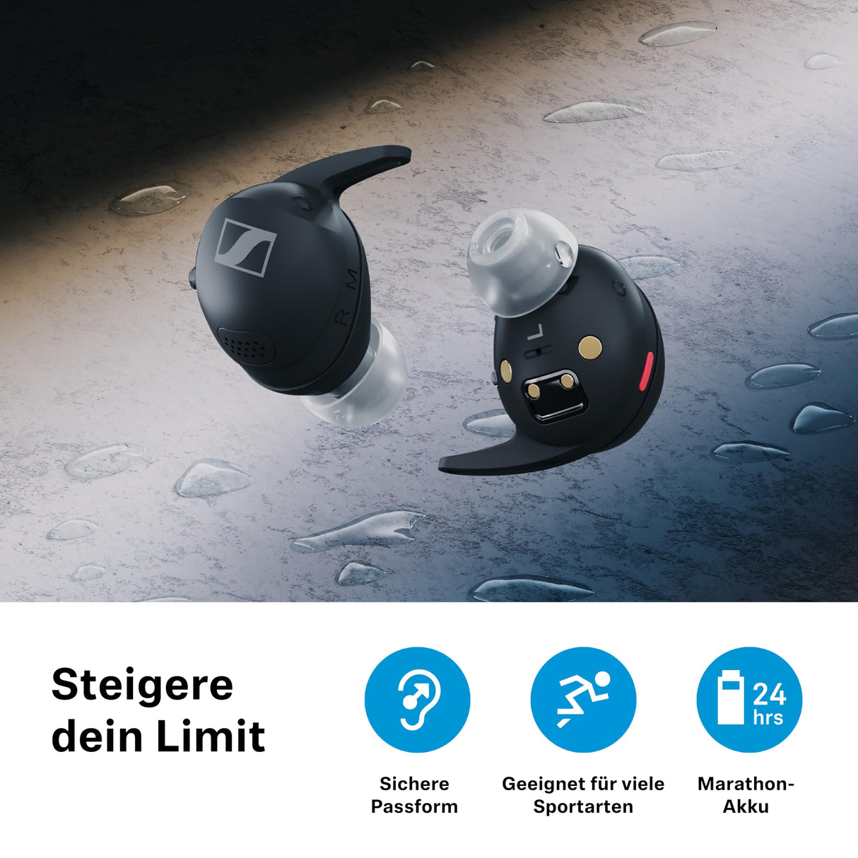 Sennheiser Momentum Sport Auriculares con Ajuste de Sonido Deportivo y ANC adaptativo, Ajuste Seguro, 24 Horas de duración de la batería - Grafito