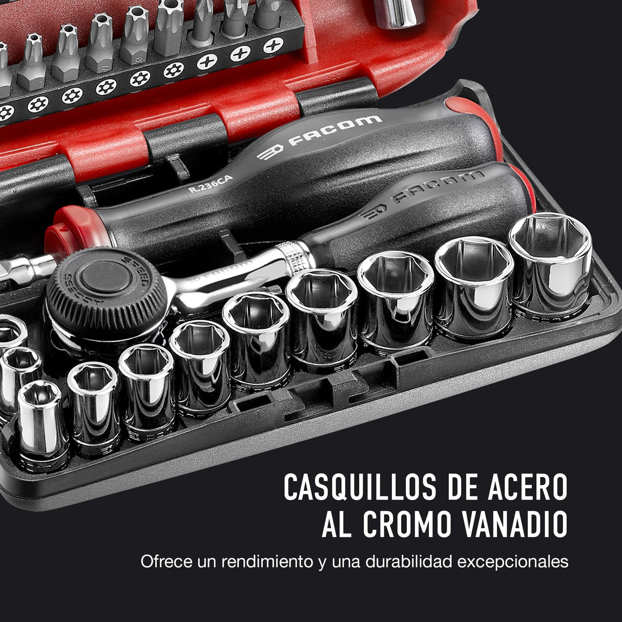 FACOM Juego de Vasos 1/4" y Puntas de Atornillado, 38 Piezas, Compacto y Performante, Incluye Cliquet Rotativo 360°, Pozidriv, Phillips y Resistox, R.360NANOPB
