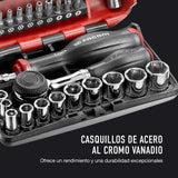 FACOM Juego de Vasos 1/4" y Puntas de Atornillado, 38 Piezas, Compacto y Performante, Incluye Cliquet Rotativo 360°, Pozidriv, Phillips y Resistox, R.360NANOPB