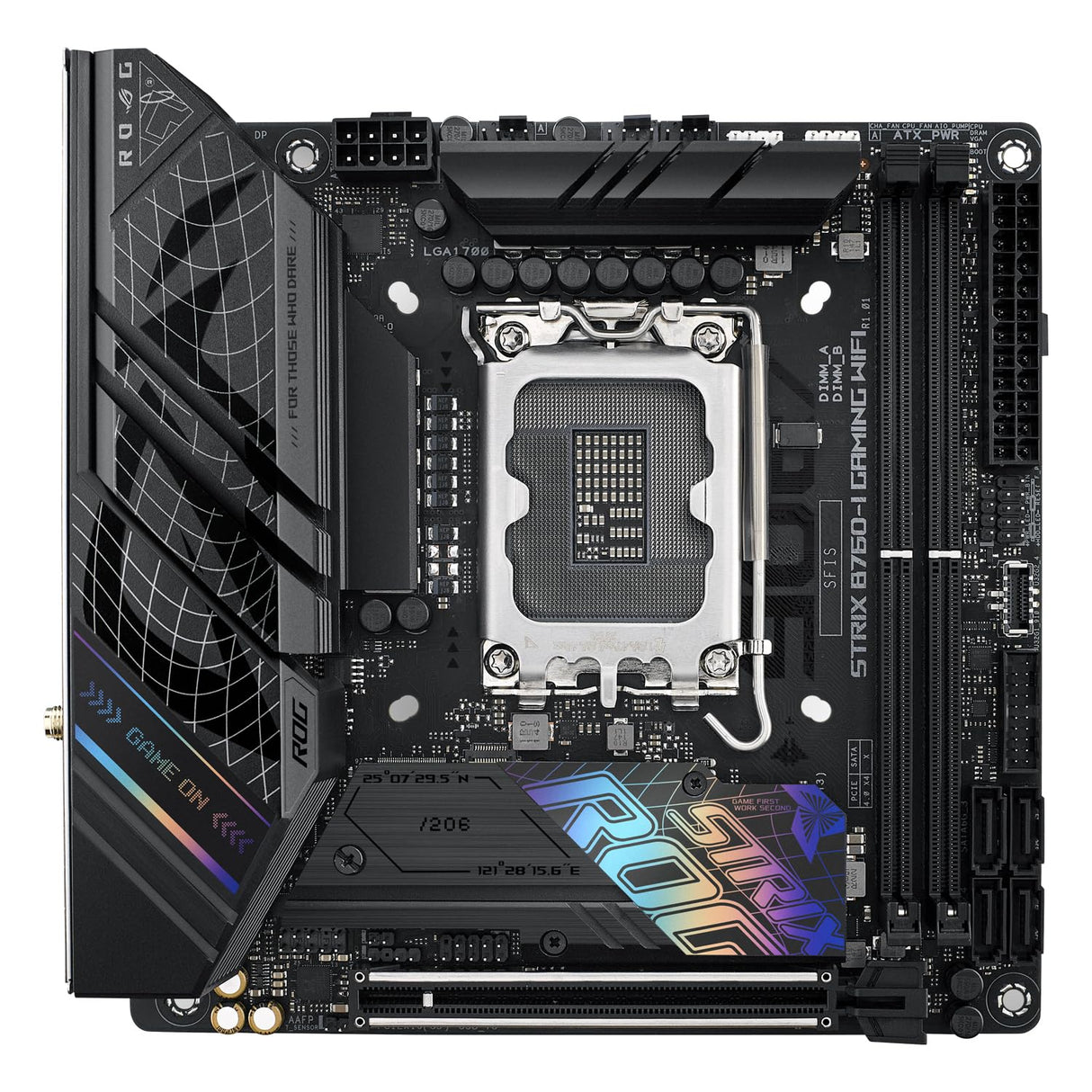 Asus ROG Strix B760-I Gaming - Placa Base Mini-ITX Intel B760 LGA 1700, VRM de 8+1 Fases, DDR5, PCIe 5.0, Dos PCIe 4.0 M.2, WiFi 6E, Ethernet 2.5G, USB 3.2 Gen 2x2 Type-C, AEMP II, RGB
