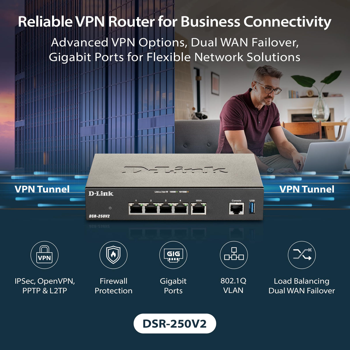 D-Link DSR-250V2 Router Profesional Firewall VPN, Gigabit Multi-WAN, balanceo de Carga, 1p WAN, 3p LAN, 1p WAN/LAN/DMZ, VPN avanzado para securizar teletrabajo, Control de Webs y apps