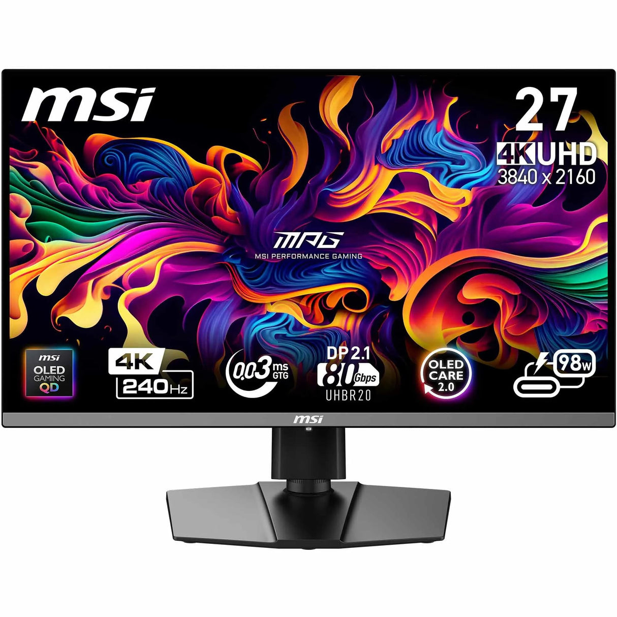 MSI MPG 272URX QD-OLED 26,5" 4K UHD Monitor Gaming - Panel OLED 3840 x 2160 Quantum Dot,EL Gen3, 240Hz / 0,03ms, 99% DCI-P3, ΔE≤2, DisplayHDR True Black 400, KVM, DP 2.1a, HDMI 2.1, USB Type-C