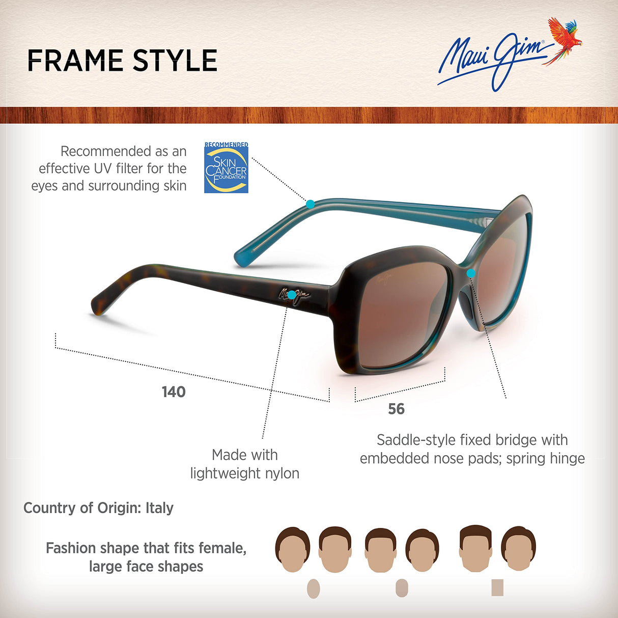 Maui Jim Orchid Gafas, Tortoise W/Peacock, 57-18-140 Unisex Adulto
