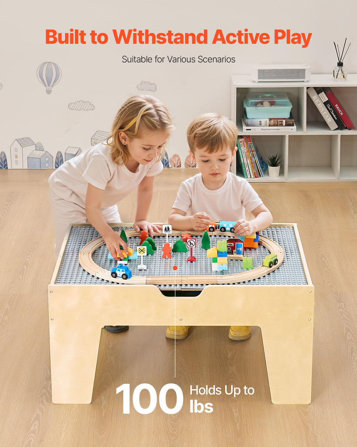 VEVOR Mesa de Juego de Actividades Multiusos con 290 Bloques de Construcción y 30 Accesorios 810x536x395 mm Mesa de Actividades de Madera con Espacio de Almacenamiento para Facilitar Organización