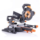 Evolution Power Tools - R210SMS-300+ Ingletadora deslizante multimaterial de 210 mm (230 V), con paquete plus, Corta acero dulce, aluminio, plástico, madera con clavos incrustados