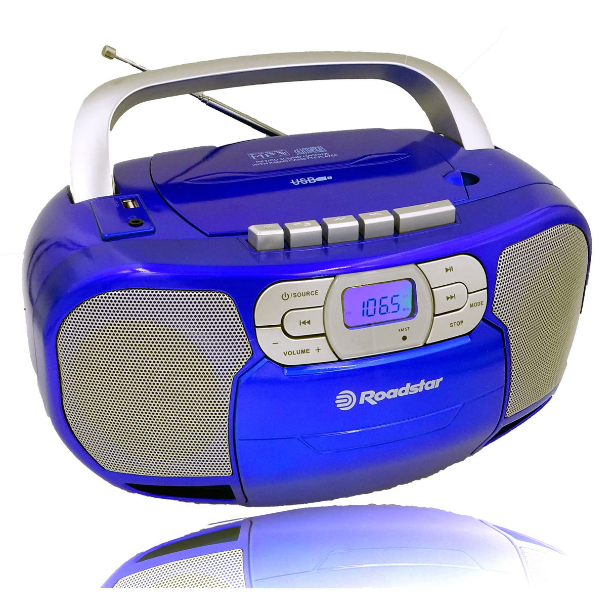 Roadstar RCR-4635UMP/BL Radio CD Portátil Cassette, Radio Digital PLL FM, Boombox Reproductor CD-MP3, USB, AUX-IN, Salida de Auriculares, Azul