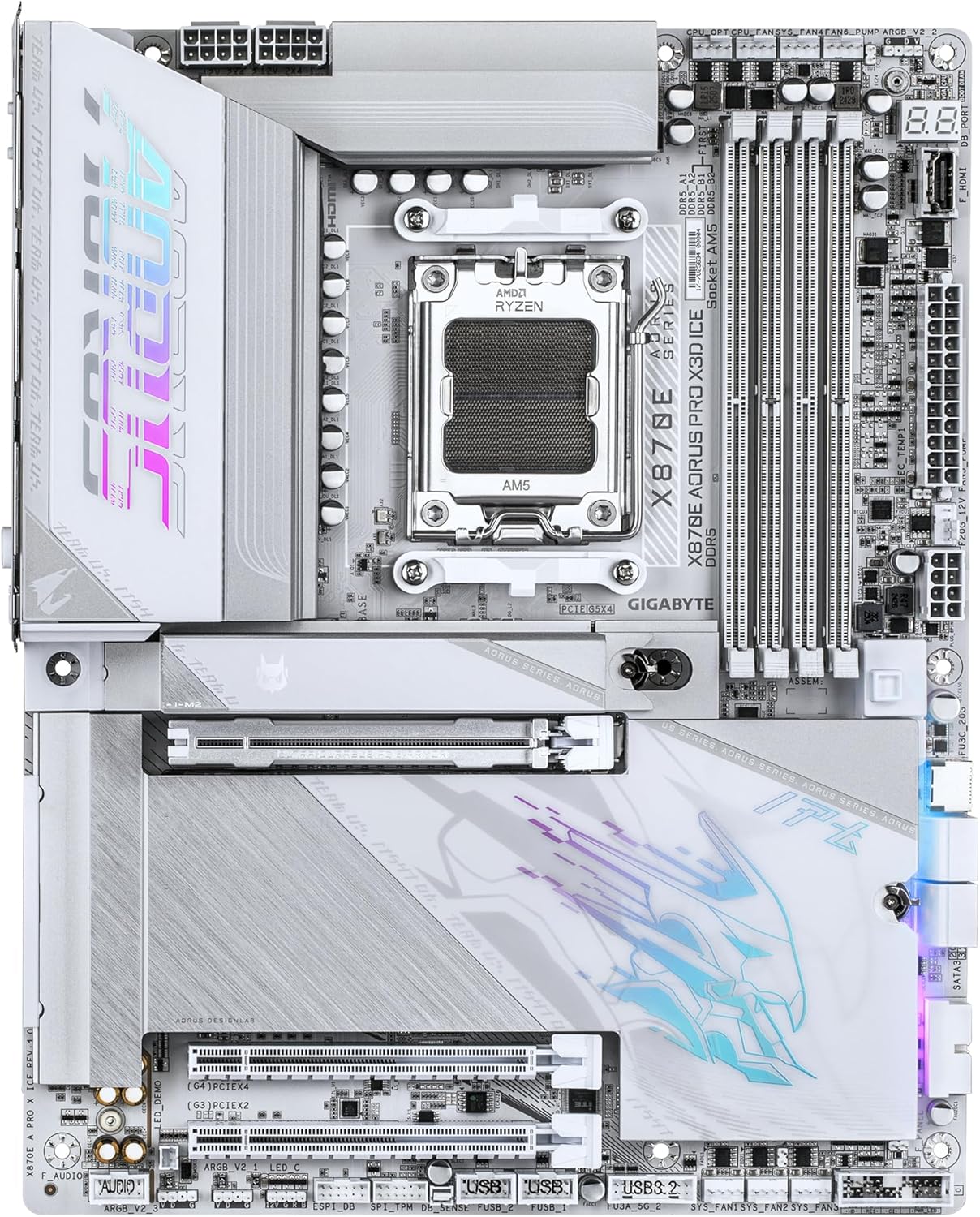 GIGABYTE X870E AORUS Pro X3D Ice Placa Base – Compatible con procesadores AMD Ryzen 9000, VRM Digital de 18+2+2 Fases, hasta 9000 Hz DDR5 (OC), 2 x PCIe 5.0 + 2 x PCIe 4.0, Wi-Fi 7, LAN 5 GbE, USB 4