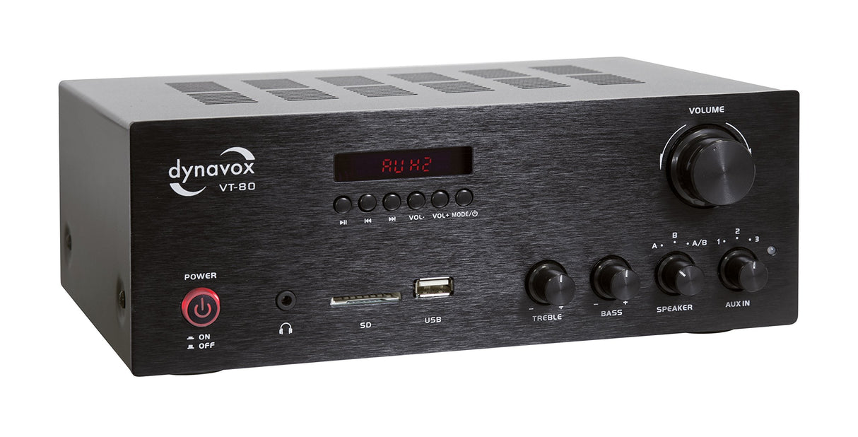 Dynavox VT-80 Amplificador estéreo Compacto, terminales de conexión atornillables para 4 Altavoces, Control Remoto Solo para entradas Digitales (USB, Tarjeta SD), Antena BT integrada, Negro
