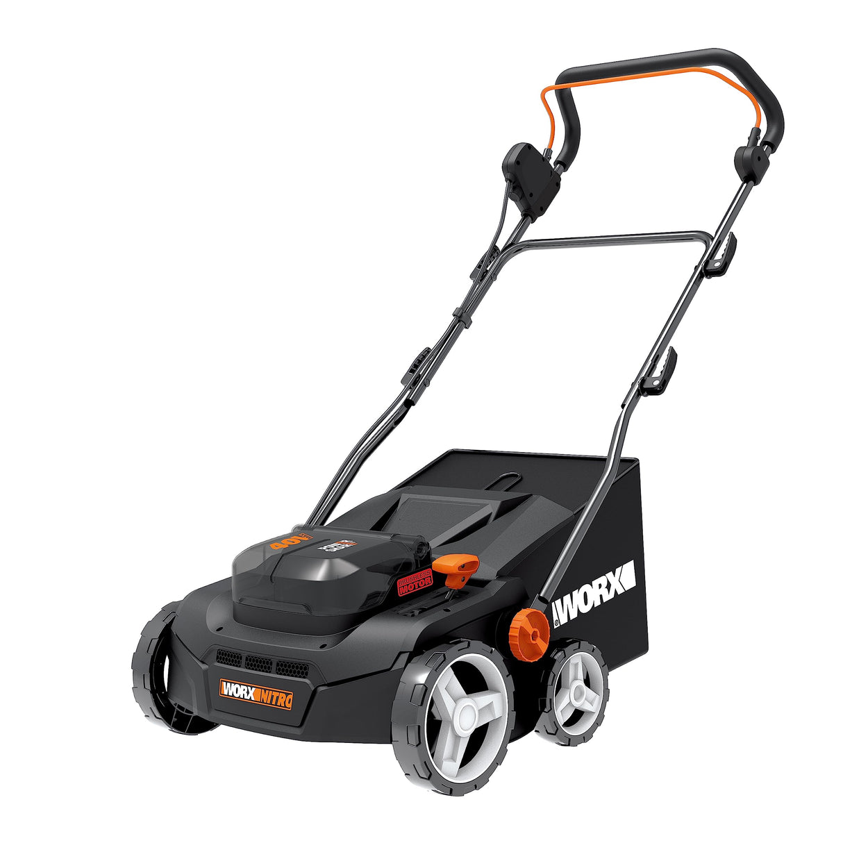 WORX Nitro WG855E.9 - Escarificador de batería y aireador de césped (hasta 400 ㎡, Ancho de Trabajo de 36 cm, Motor sin escobillas, 4 Niveles de Ajuste de Altura, Incluye Bolsa de Hierba de 40 L, sin