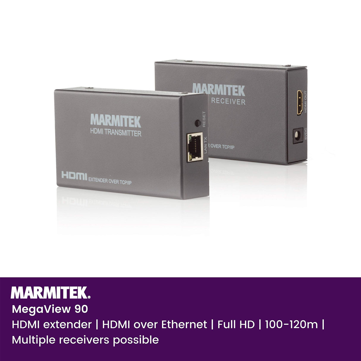 HDMI Extender LAN - Marmitek MegaView 90 - Cable o red CAT 5e / 6 (IP/LAN) - 1080p - 120m - Receptores adicionales posibles - Extensor HDMI a través de la red existente - Plug & Play