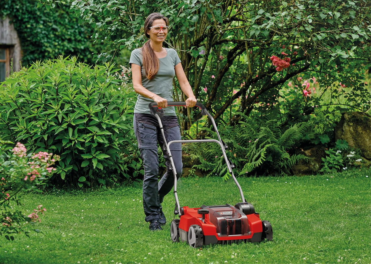 Einhell Escarificador-aireador inalámbrico GE-SC 36/35 Li-Solo Power X-Change (36 V, Ancho de Trabajo 35 cm, Motor sin carbón, Rodillo de escarificación de 16 Cuchillas, se Vende sin batería)