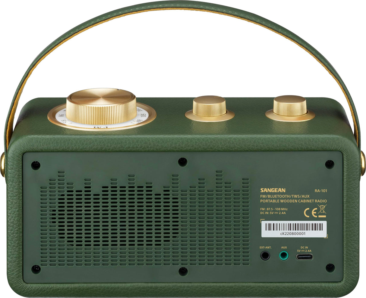 SANGEAN RA-101 Forest Gold/Altavoz PORTÁTIL. Diseño Retro de Madera y Piel sintética. Bluetooth 5.0. Autonomía 19 Horas con una Carga Completa. AUX-in para Fuentes de Audio externas.