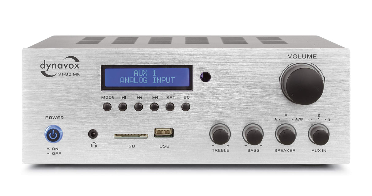 Dynavox VT-80 MK Amplificador estéreo Compacto, 4 terminales de Altavoz atornillables, Control Remoto para entradas Digitales (USB, Tarjeta SD), Antena BT integrada y Radio FM, Plateado