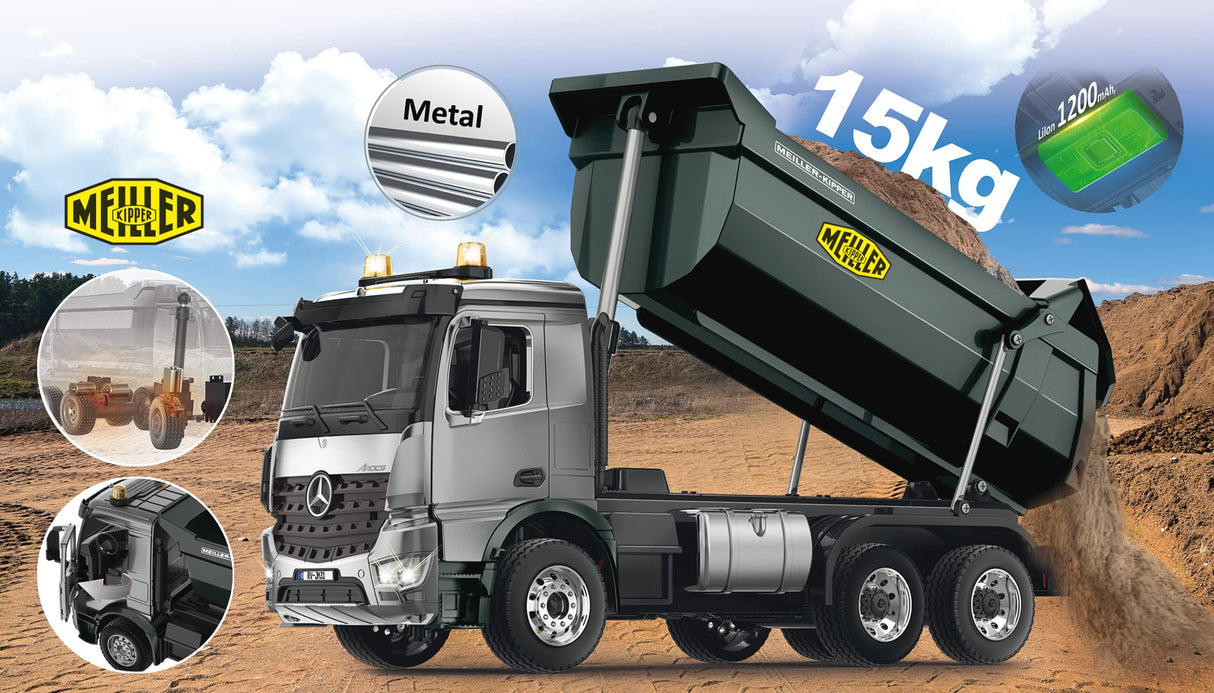 JAMARA Volquete Mercedes-Benz Arocs Metal Meiller 1:20 2,4 GHz, Capacidad de elevación de 15 kg, Engranaje de Metal, 4 Ruedas, suspensión de suspensión, neumáticos de Goma, luz LED
