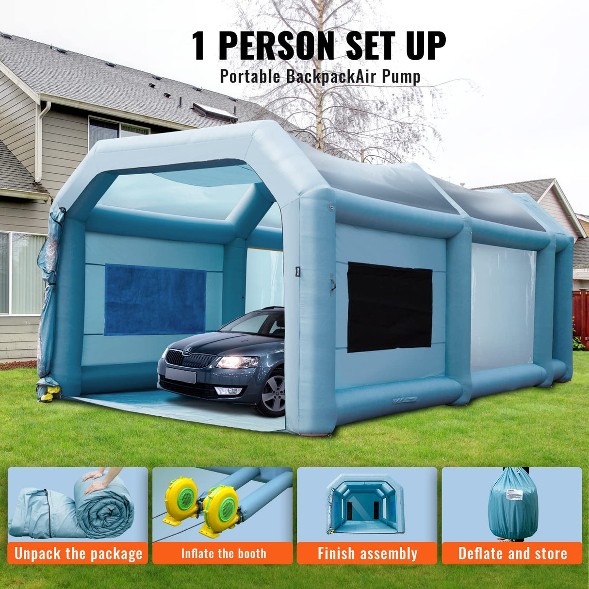 VEVOR Cabina de Pintura Inflable 8 x 4,5 x 3,3 m Carpa Hinchable de Pintura de Coches en Oxford 210D con Sistema de Filtración 2 Sopladores 960W + 750W Estación de Trabajo de Pintura Taller de Garaje