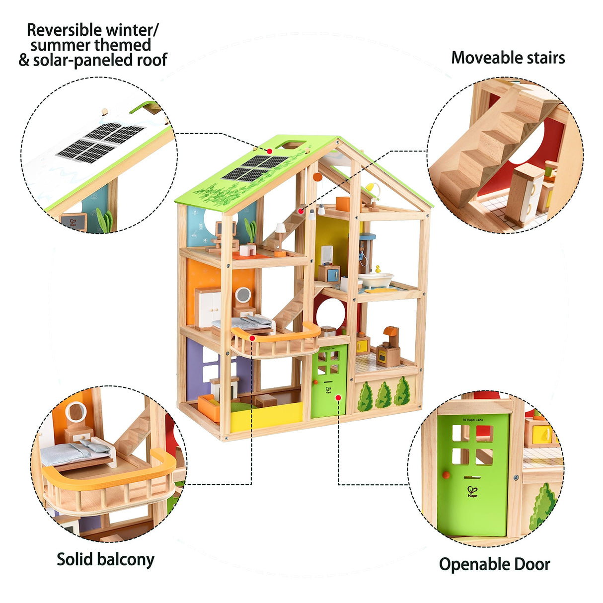 Hape Casa Madera con Muebles para Niños y Niñas| Casa de Muñecas de Juguete Galardonada de 3 Pisos con Muebles, Accesorios, Escaleras Móviles y con Temática de Las Estaciones del Año