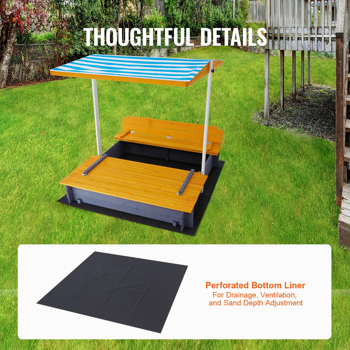 VEVOR Caja de Arena de Madera con Dosel, 145,5 x 120 x 120 cm, Arenero con Bancos Plegables y Revestimiento Inferior Caja de Arena para Niños de 3 a 12 Años para Exteriores, Patio, Playa, Parque