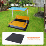 VEVOR Caja de Arena de Madera con Dosel, 145,5 x 120 x 120 cm, Arenero con Bancos Plegables y Revestimiento Inferior Caja de Arena para Niños de 3 a 12 Años para Exteriores, Patio, Playa, Parque