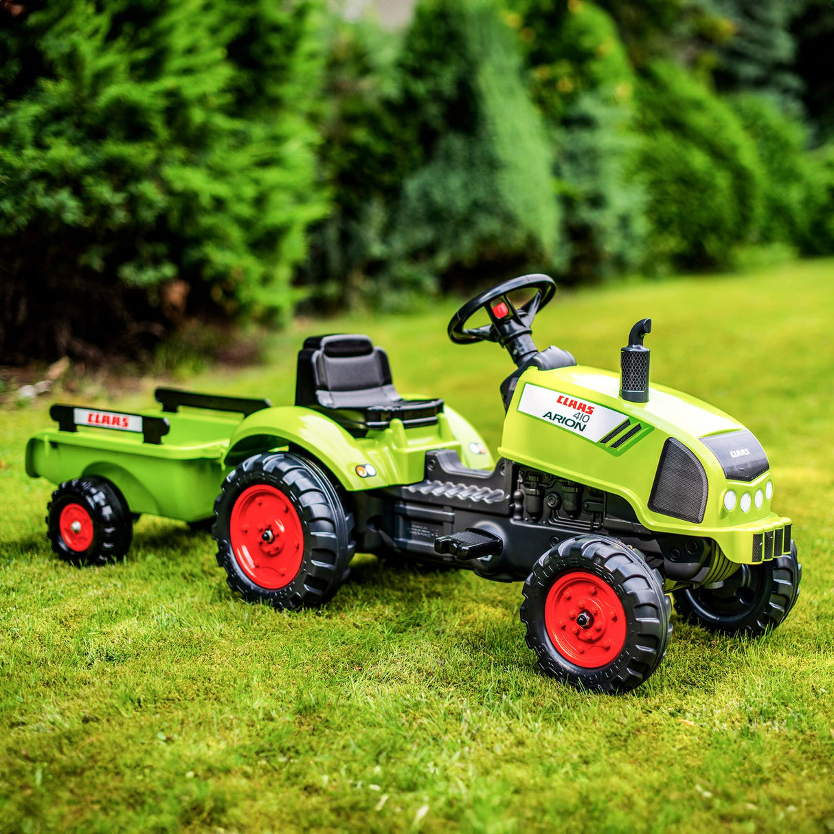 FALK - Tractor a Pedales Claas con Remolque, A Partir de 2 años, Volante con bocina, Verde Caqui (2041C)