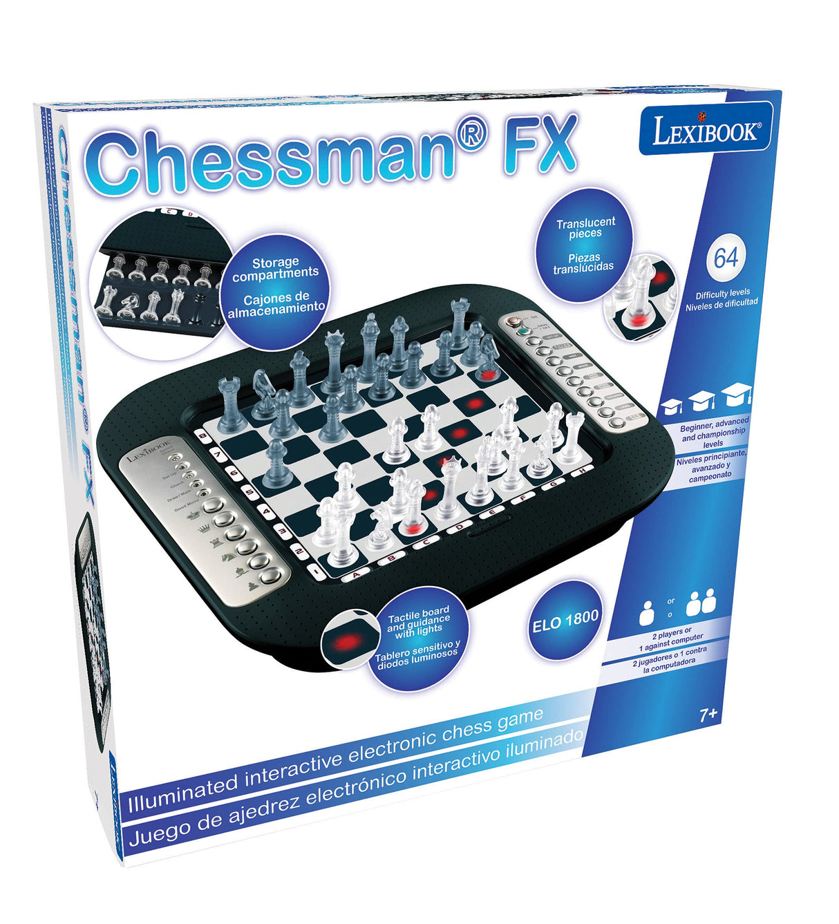 Lexibook, Chessman FX Juego de Ajedrez Electrónico con Teclado Táctil y Efectos de Luz y Sonido 32 Piezas 64 Niveles de Dificultad, Negro/Plateado, CG1335