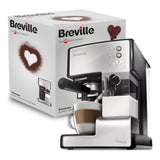 Cafetera para espresso, cappuccino y latte Breville PrimaLatte | Bomba italiana con 15 bar | Adecuado para café molido y monodosis | Depósito para tratamiento de leche integrado | Color Plata