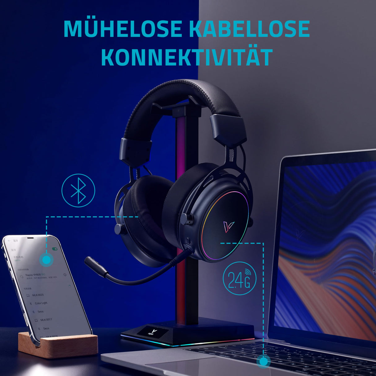 Rapoo Auriculares inalámbricos VH800 para Videojuegos, micrófono Flexible con Silencio, Almohadillas de Piel sintética, batería de 46 Horas, Auriculares Bluetooth y PC de 2,4 GHz, Mac, Xbox One, PS4,