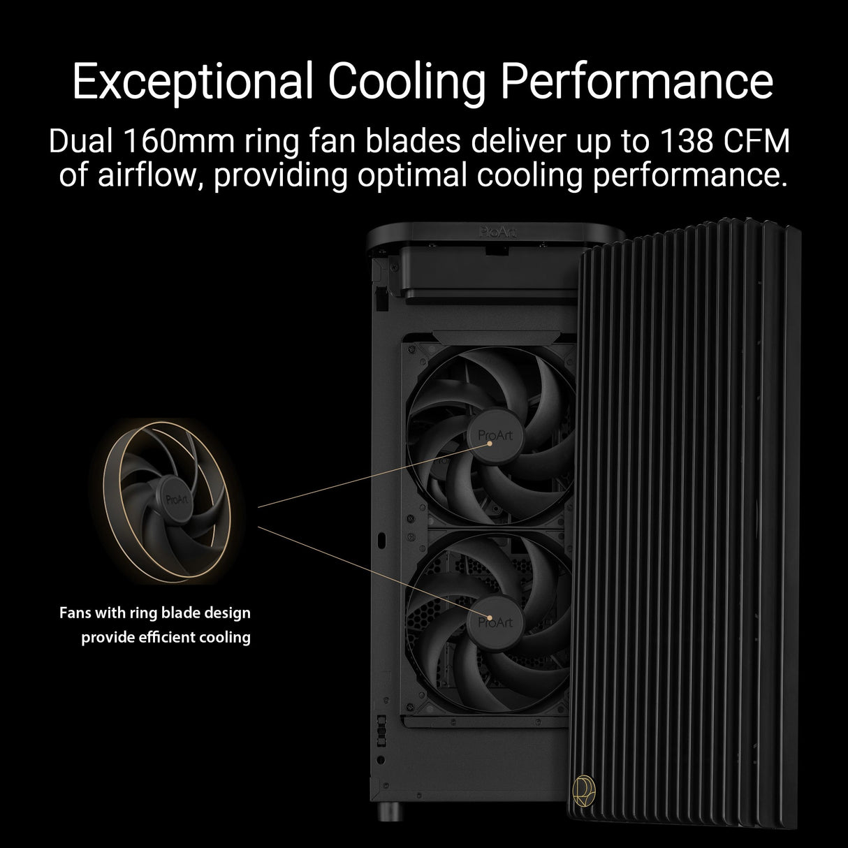 ASUS ProArt PA401, Chasis ATX con Panel de Vidrio Templado, Compatible con GPU de hasta 314 mm, Dos Ventiladores de 160 mm, Bloqueo del Panel Lateral, Soporte para Fuente de alimentación extraíble