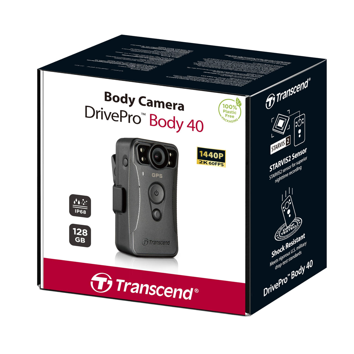 Transcend 128GB 1440P QHD Police Body Camera STARVIS 2 Sensor IP68 Weatherproof Body Worn Camera con estabilización de Imagen electrónica, visión Nocturna GPS TS128GDPB40A