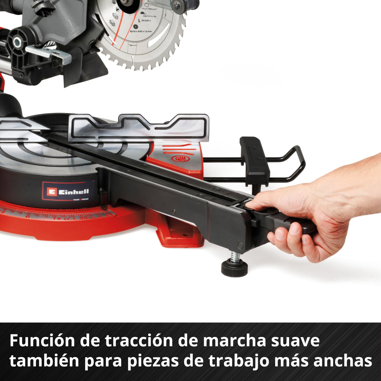 Einhell Sierra de tracción, vaivén e inglete con batería TE-SM 36/8 L Li-Solo Power X-Change (36V, hoja de sierra Ø 216, mesa giratoria, función de tracción, láser de línea de corte, sin batería)
