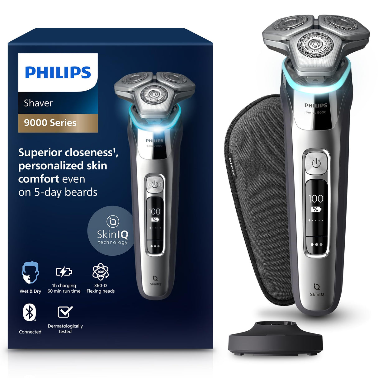Philips Serie 9000 Afeitadora Eléctrica Hombre, Máquina de Afeitar Barba con Recortadora, 72 cuchillas, Para piel sensible, 60min de uso, En Seco y Húmedo, Recargable, Base Carga, S9975/35, Cromo