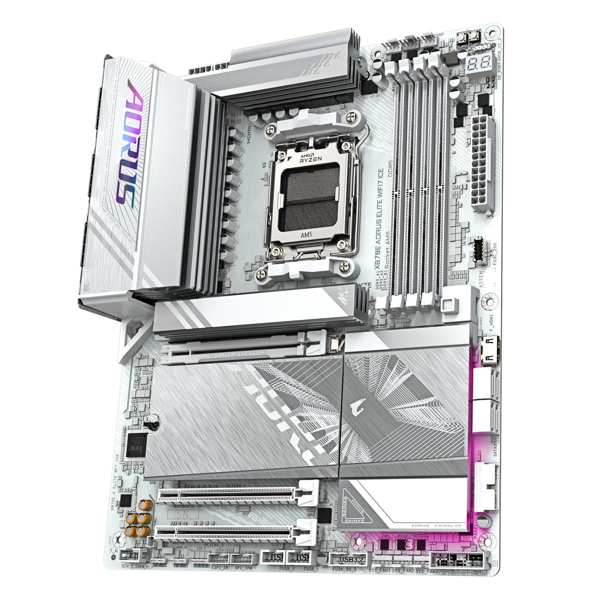 GIGABYTE X870E AORUS Elite WIFI7 Ice Placa Base - Soporta procesadores AMD Ryzen 9000, VRM Digital de 16+2+2 Fases, hasta 8200 MHz DDR5 (O.C.), 3X PCIe 5.0 + 1x PCIe 4.0, Wi-Fi 7, LAN 2.5 GbE, USB 4