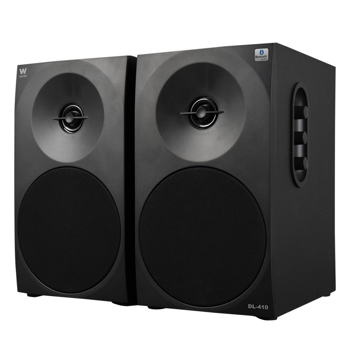 Woxter Dynamic Line 410 BT –Altavoces estéreo 2.0 150W de Potencia,Bluetooth, Madera, Woofer de 4 Pulgadas, 2 Tweeter, 3.5 mm, RCA, Control Volumen, Agudos, Graves, Bookself Speakers, Color Negro