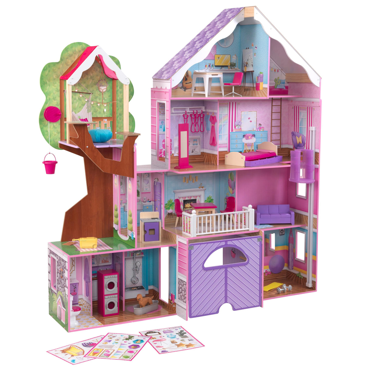 KidKraft Treehouse Retreat Casa de Muñecas de Madera con Muebles y Accesorios, Casita de Juguete con Perro, Garaje y Ascensor para muñecas de 30 cm, Juguetes niños y niñas Desde 3 años (10108)