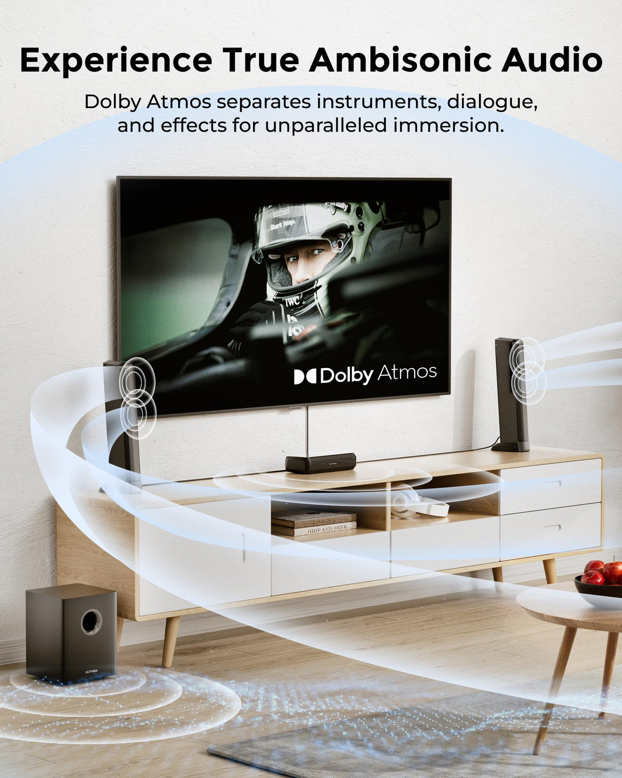 ULTIMEA 5.1 Canales Barra de Sonido TV con Dolby Atmos, Sistema de Sonido Envolvente para Smart TV con Subwoofer, Barra de Sonido PC Desmontable con Luz RGB, HDMI eARC/Opt/AUX/BT, Apollo S80