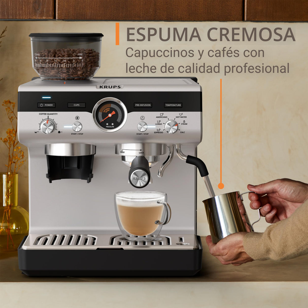 Krups Precision Cafetera profesional para espresso y capuccino,con molinillo integrado y 30 ajustes de molienda,cafetera con ajustes de preinfusión y control de temperatura,Acero inoxidable/Negro