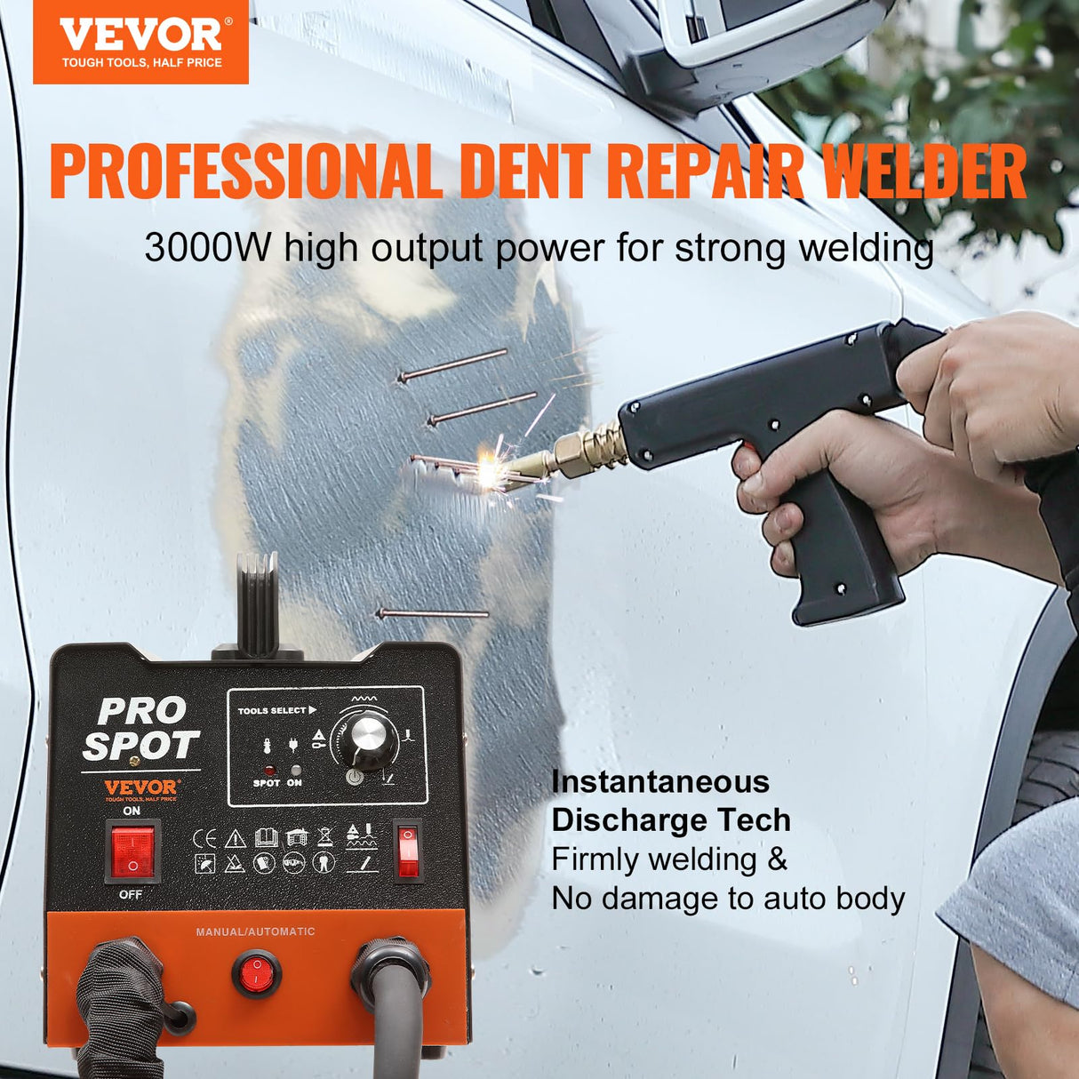 VEVOR Extractor de Clavos para Carrocería 3kW Soldador por Puntos 6 Modos de Soldadura Herramienta de Reparación de Abolladuras de Carrocería 16 Accesorios para Eliminación de Abolladuras de Vehículos