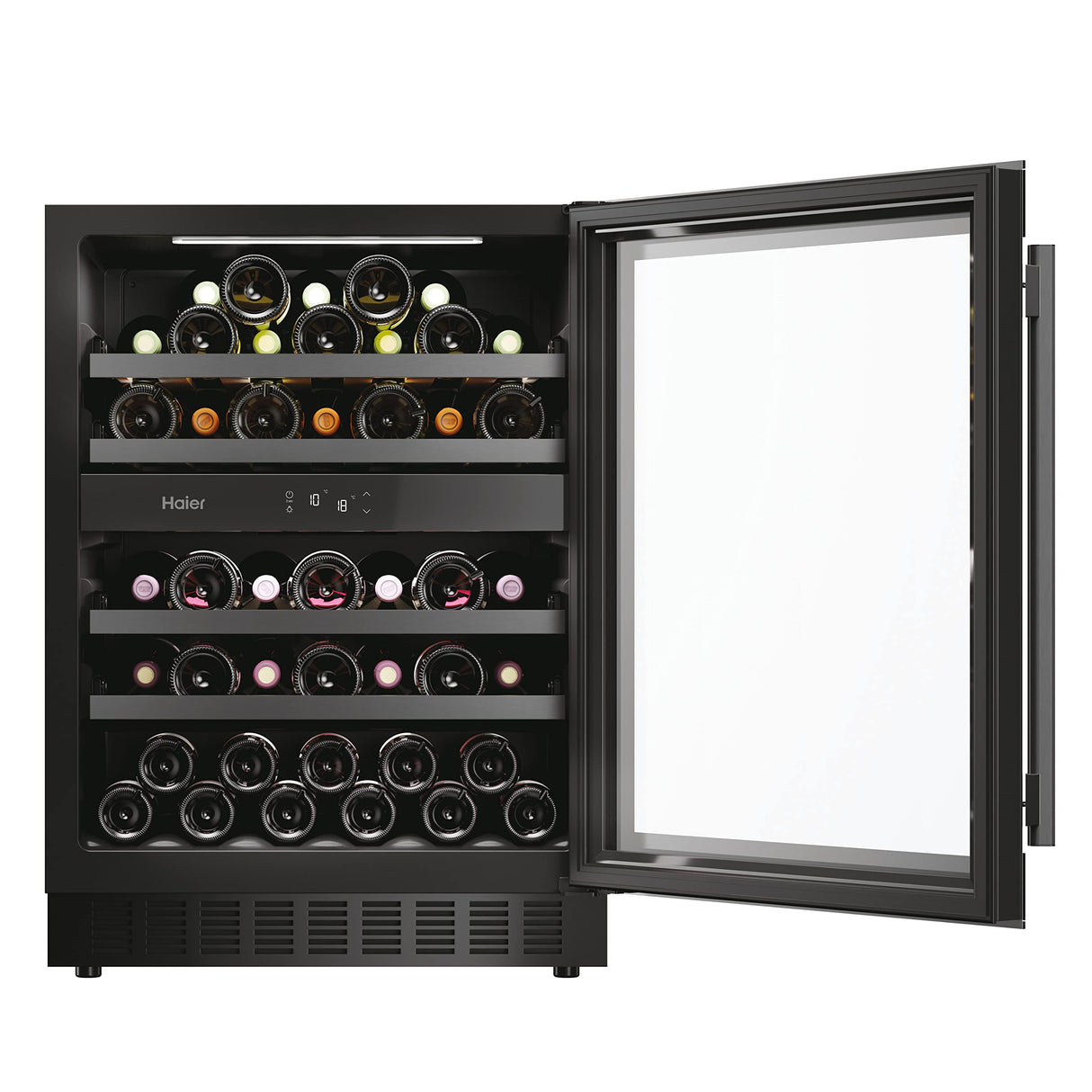 Haier Wine Bank 60 Series 6 HAKWBD 60 Vinoteca de integración de 44 botellas, 2 Zonas, Estantes de madera, Filtro Anti-UV, Refrigeración por Compresor, Display Digital, Iluminación LED, 38 dbA Negra