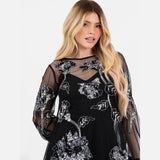 Maya Deluxe Women's Maxi Dress Ladies Long Sleeve Boat Neck Sheer Tulle Floral Sequin Embellished Trapeze Evening Prom Ball Gown, Black, 44