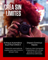 Canon EOS R50 Cuerpo Cámara Mirrorless + Objetivo RF-S 18-45 mm F4.5-6.3 IS STM + 2X Baterías (Kit de Batería Adicional), Cámara Evil APS-C (24,2 MP) -4 EV, Vídeo 4K 30 fps, Dual Pixel CMOS AF II