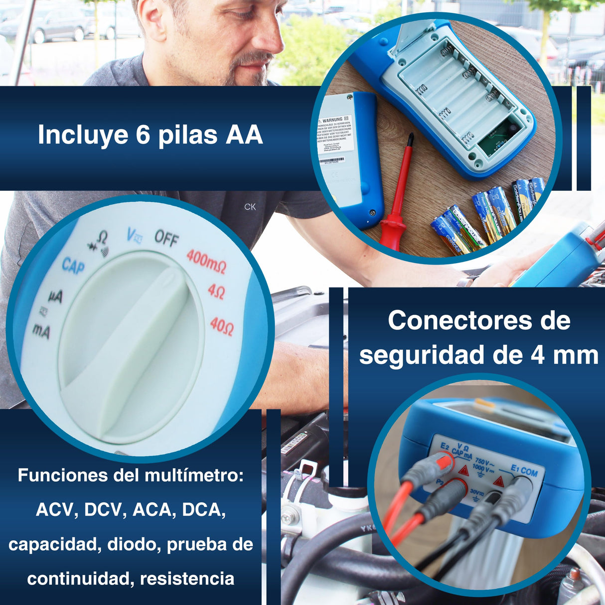 PeakTech 2705 – Miliamperímetro digital con cables de prueba Kelvin de 4 pines, TUV/GS, medición de miliohmios, corriente, multímetro, probador de continuidad, gráfico de barras - CAT III 1000 V