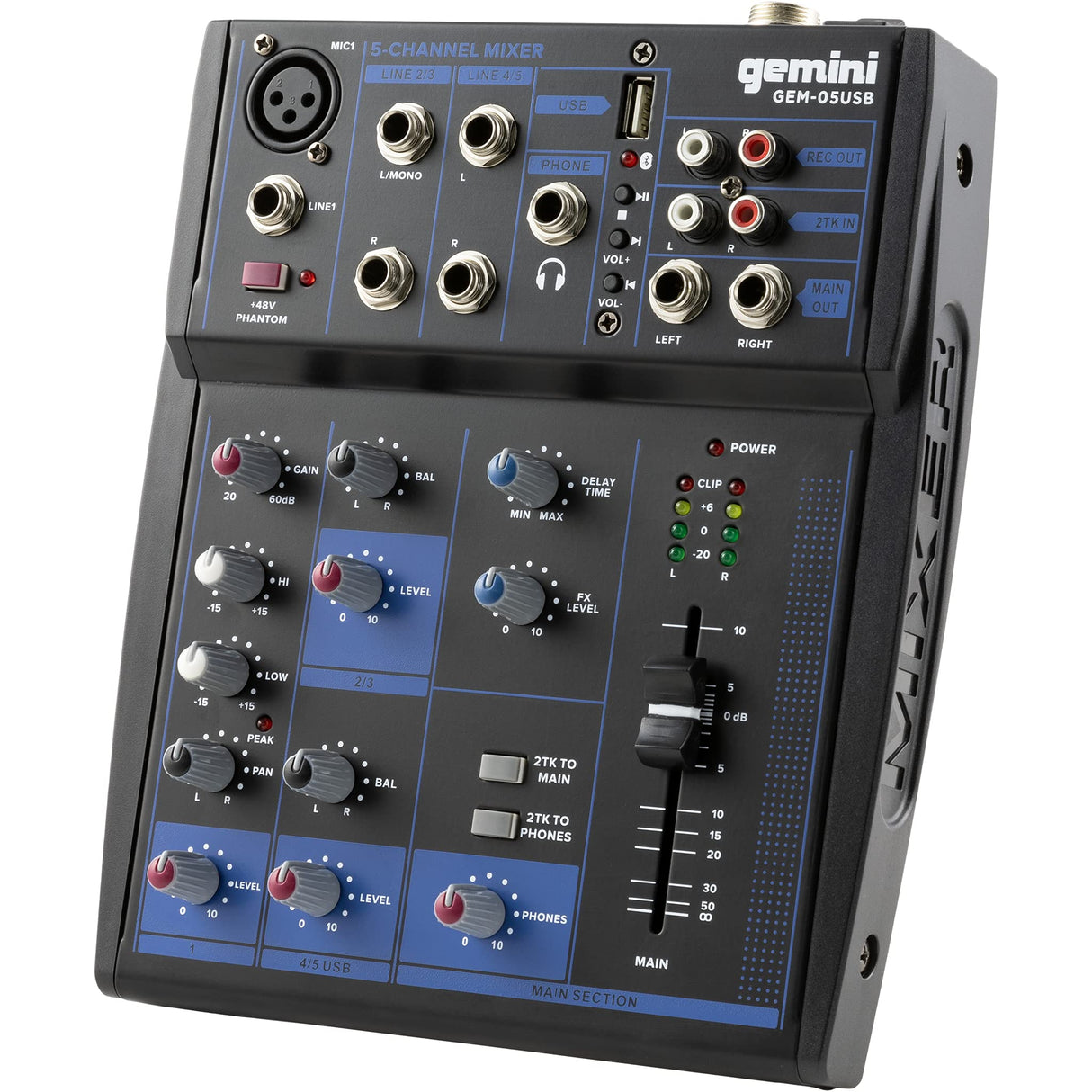 Gemini Sound GEM-05USB Mezclador analógico de 5 canales compacto que incluye un canal de micrófono de baja ruido, EQ de 2 bandas, reproducción USB de dispositivos USB y transmisión de Bluetooth