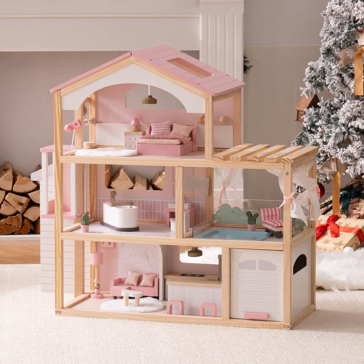 ROBUD Casa de muñecas de Madera,Villa de muñecas con Muebles,con Ascensor, Garaje, cenador y Piscina,Regalo para niños a Partir de 3, 4, 5, 6 años y Mayores,Rosa