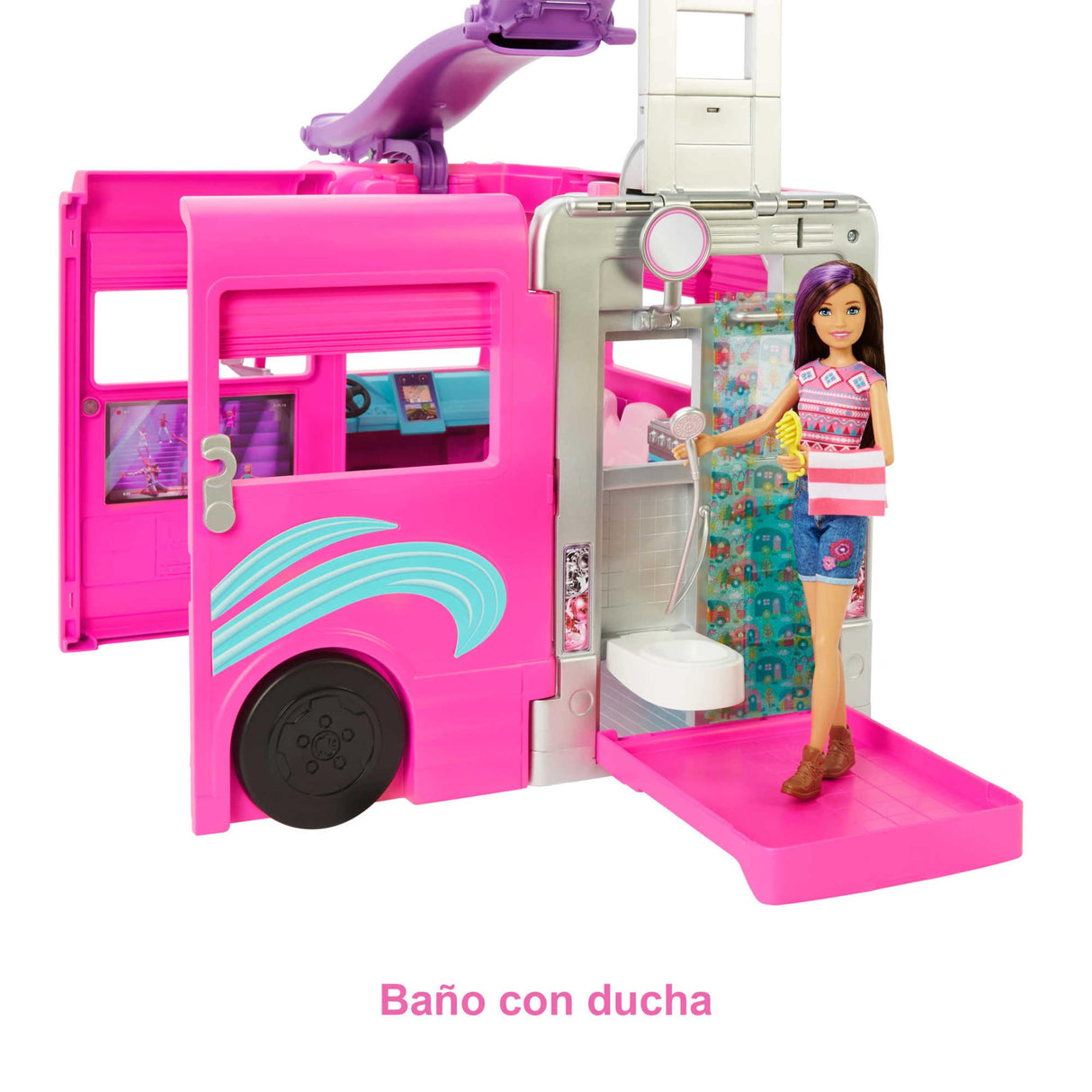 Barbie Supercaravana Dreamcamper 2022 Coche para muñecas con tobogán y Accesorios de Juguete(Mattel HCD46)