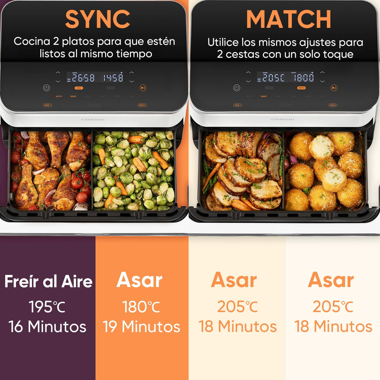 Cosori Freidora de Aire Grande-True Acero Inox-4 Resistencias Dual Blaze TwinFry 10 L-Flexible Doble Cesta Air Fryer 2800 W- Smart WIFI Control– 66 % Eficiencia Energética-6 en 1-Máx 10 Personas